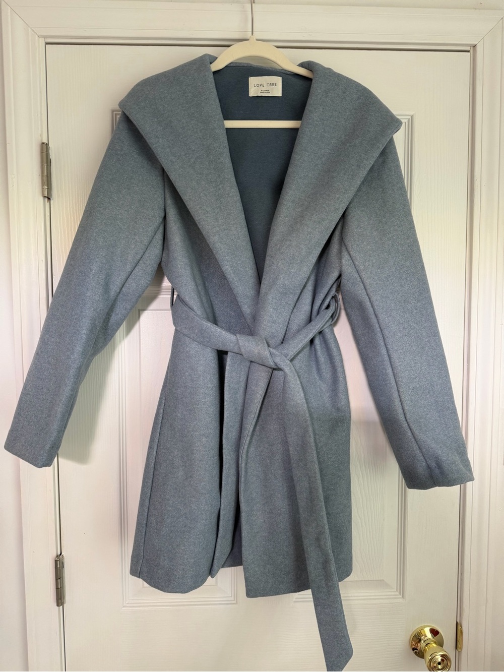 Love Tree Fleece Belted Hoodie Wrap Trench Coat in Slate Blue XL